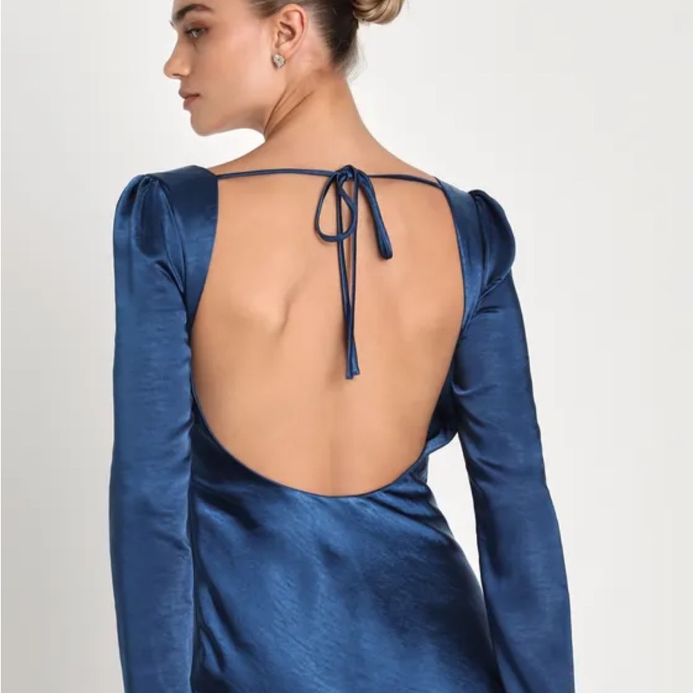 Lulus Dark Blue Satin Open Back Dress - Picture 2 of 7